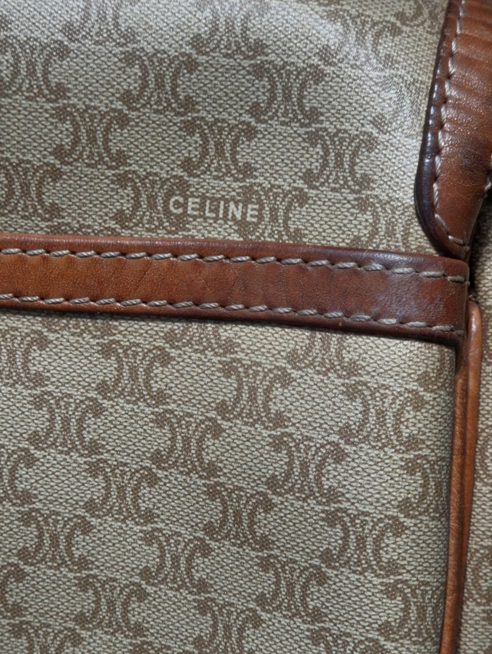 CELINE Macadam Brown Leather Trim Crossbody Shoulder Purse Bag PVC Canvas Beige - Picture 12 of 16